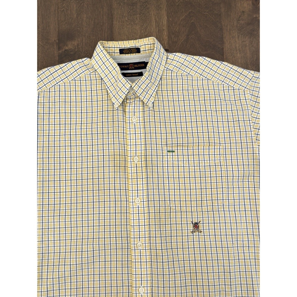 Tommy Hilfiger Men Yellow Plaid Button Down Short Sleeve Shirt Size L Crest Logo